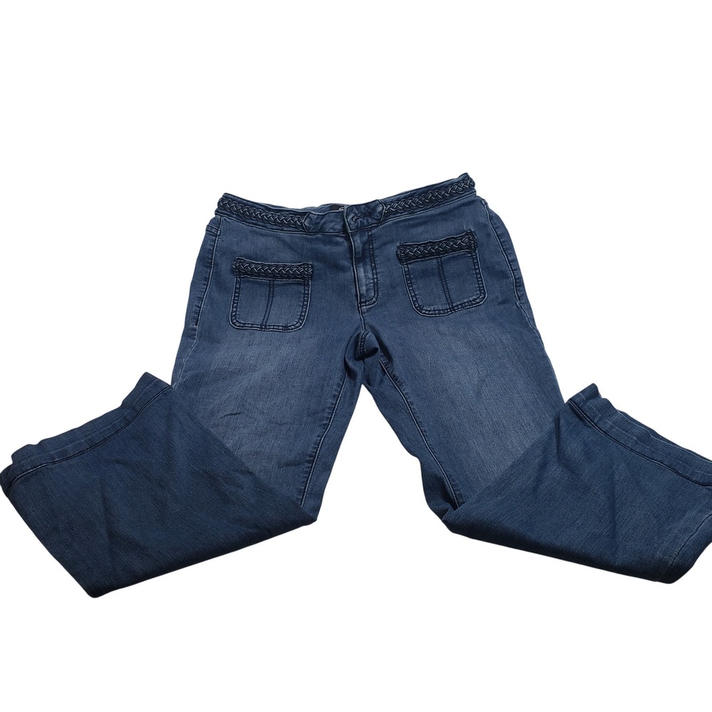 Earl Jean Womens Flare Jeans 14 Blue Braided Trim Patch Pockets